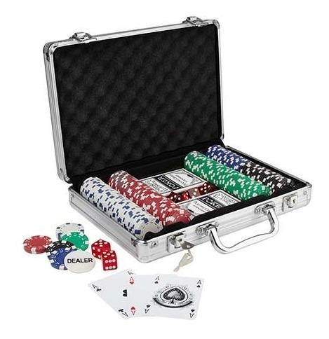 Imagen 2 de 2 de Maletín Poker Deluxe Con Llave 200 Fichas 2 Barajas 5 Dados