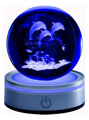 Bola Cristal Delfin 3d Base Lampara Led 6 Color Grabada Caja