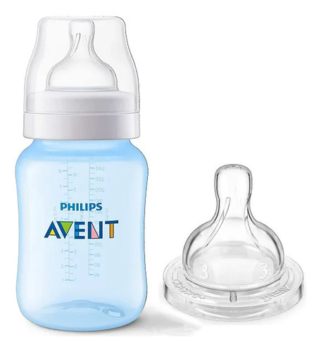 Mamadeira Avent Anticólica 260ml Bico N°3 +1 Meses Philips Cor Azul