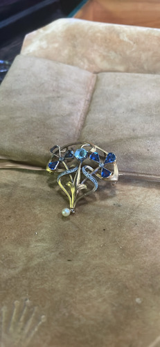 Broche Art Nouveau Oro Agua Marina Zafiros (Usado)