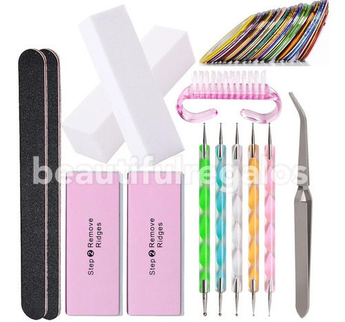 Kit X16 Limas De Uñas Pinceles Dotting Bloque Blanco Deco 