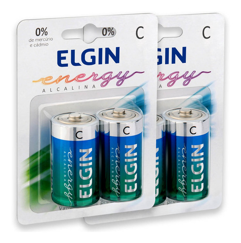 4 pilhas bateria C Elgin média alcalina LR14 2 cartelas	