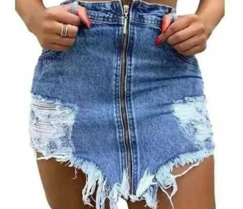 Saia Jeans Desfiada Bolso Zíper Feminina Verão Lançamento