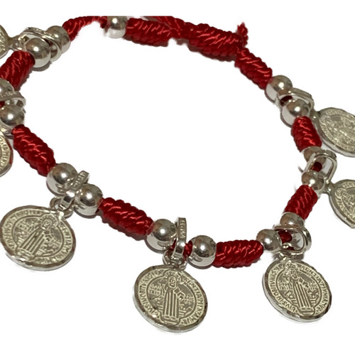 Pulsera Roja Nudos 7 Siete Medallas San Benito Plata .925