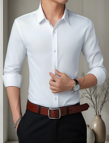 Camisa De Vestir Hombre Moda Slim Color Sólido Manga Larga