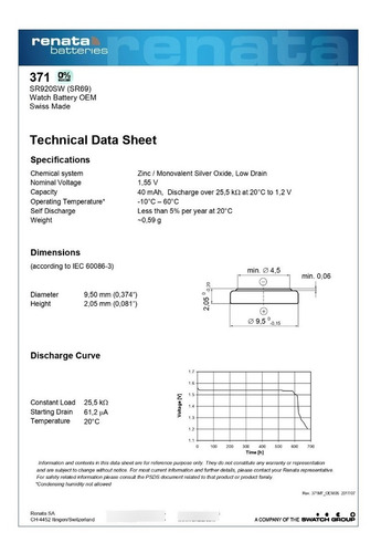 Imagem 2 de 4 de 10 Pilha Bateria 371 1.55v Renata Sr920s 01 Cart C/ 10 Unid