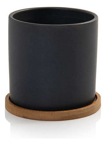 Vaso Cachepot Com Prato De Bambu Cinza Fosco P Cube Pozzani