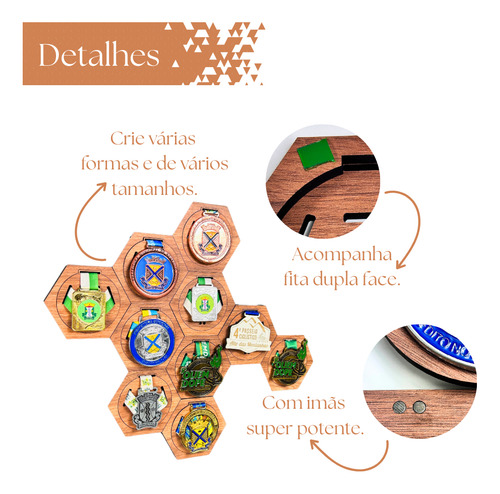 Porta Medalhas Modular Hexagonal 13x11cm 3 Cores - Kit C/ 10