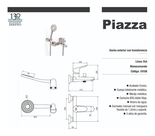 Imagen 2 de 6 de Griferia Monocomando C/transferencia Ducha 10108 Dot Piazza