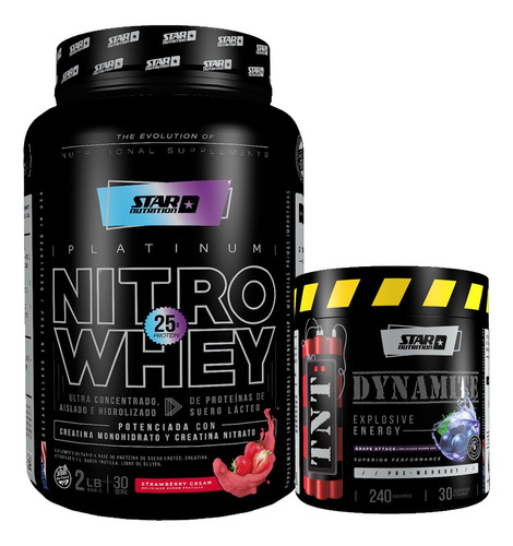 Star Nutrition Nitro Whey X2lb + Dynamite Pre Entreno X240gr Sabor Strawberry Y Grape Attack