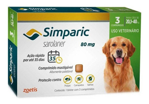 Antipulga Simparic 80 Mg 20 A 40 Kg 3 Comp. Original