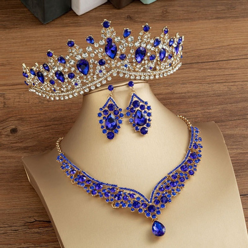 Diadema, Collar Y Pendientes, Diseño De Xv Años, Crystal Par Color Azul