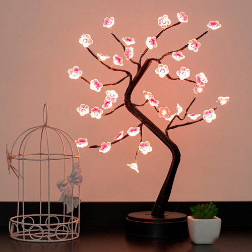 Árvore Abajur Decoração Flor Quarto Sala 36 Leds Pilha Usb Cor da cúpula Branco/Rosa Cor da estrutura Marrom 110V/220V