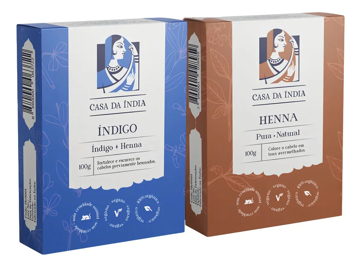 Casa Da India 1 Henna Pura 100% +1 Indigo P/ Cabelo Castanho Tom Castanho (Ler Descrição)