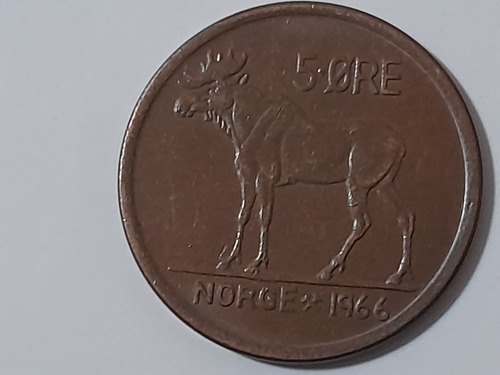 Moneda Noruega 5 Ore 1966 Olav  V Venado(x331