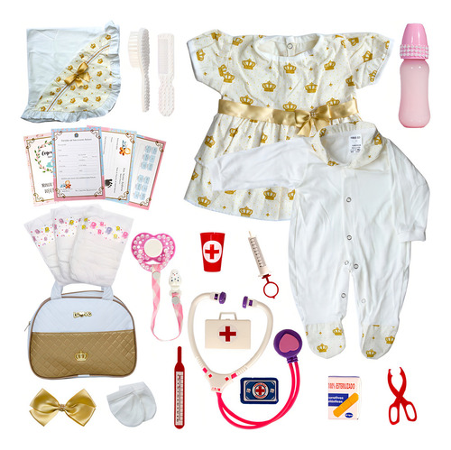 Boneca Bebê Reborn Vestido Dourado Menina 16 Itens Cegonha Reborn Dolls