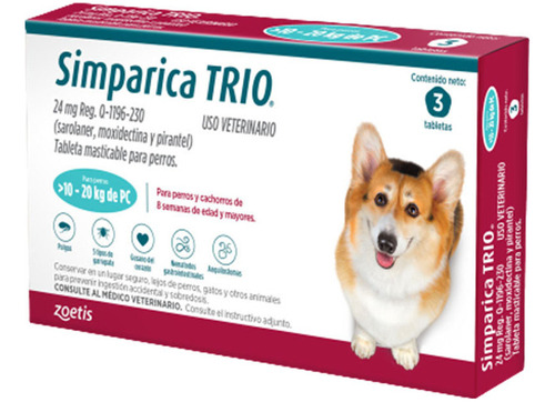 Simparica Trio Antipulgas Para Perros 10.1 A 20kg X 3 Tab