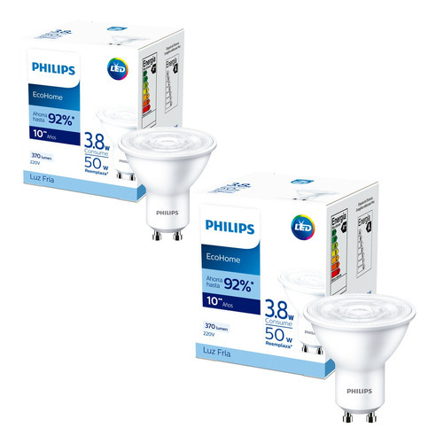 Pack 2 Ampolletas Led Philips Gu10 3.8w Luz Fria Color de la luz Blanco frío