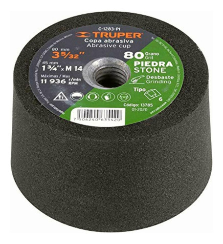 Truper C-1283-pi, Copa Desbaste, 3-5/32 , 14 Mm, Grano 80