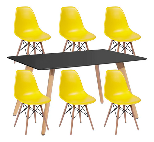 Juego De Comedor C/ Mesa Rectangular + 6 Sillas Diseño Eames Color Amarillo
