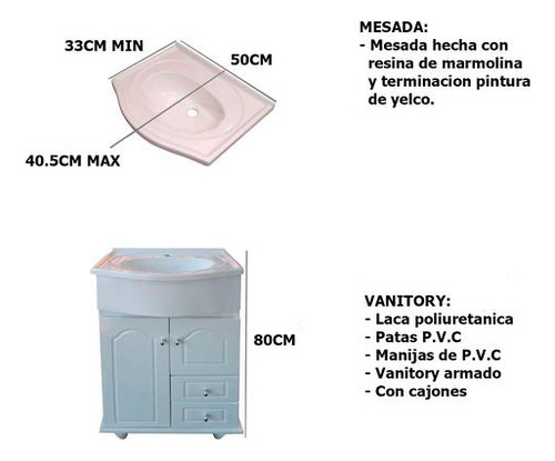 Vanitory Laqueado 50cm 2 Puertas 2 Cajones + Bacha