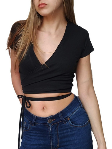 Crop Top Cruzado Escote En V Manga Corta Remera Verano Mujer