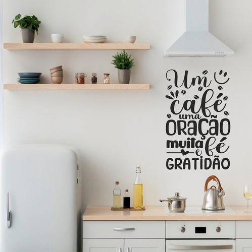 Adesivo Frase Parede Café Oração Fé E Gratidão Preto Fosco