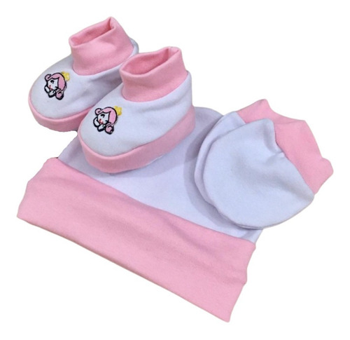 Imagem 3 de 5 de Kit Sapato Luva E Touca Bebê Bordado Para Menina 3 Kit Rosa