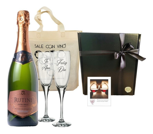 Box Champagne Rutini Extra Brut 2 Copas Vidrio Regalo Caja 