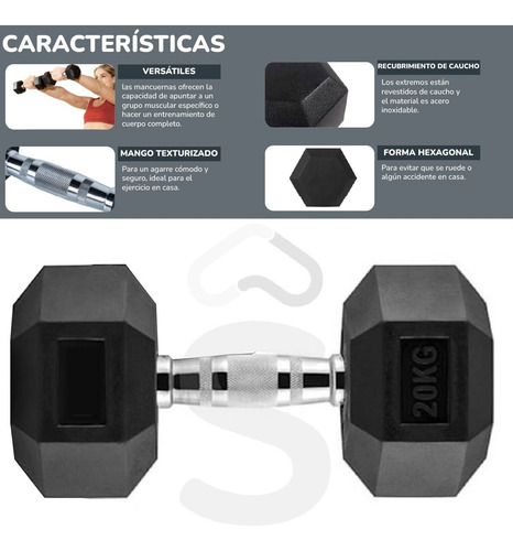 Mancuerna Hexagonal 20 Kg 1 Pieza Mancuerna Caucho