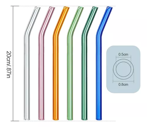 RENYIH 10 popotes de vidrio doblado reutilizables, 0.354 x 0.394 in,  pajitas de vidrio coloridas para bebidas, batidos, té de leche, jugos,  juego de