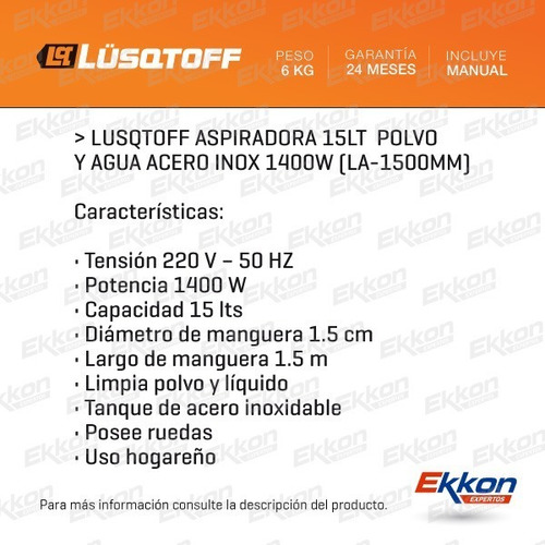 Imagen 2 de 8 de Aspiradora 15 Litros Lusqtoff Polvo Líquido 1400w Acero Inox