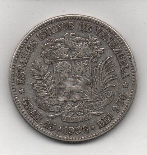 Moneda De 5 Bs 1936  Fuerte 