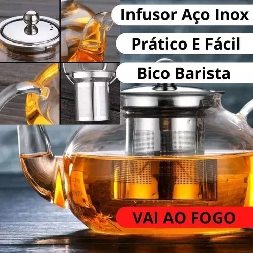 Bule De Vidro Com Infusor Inox Direto Ao Fogo 1000ml Água