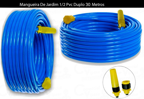 Mangueira De Jardim 1/2 Pvc Duplo 30 Metro Esguicho E Engate Cor Azul