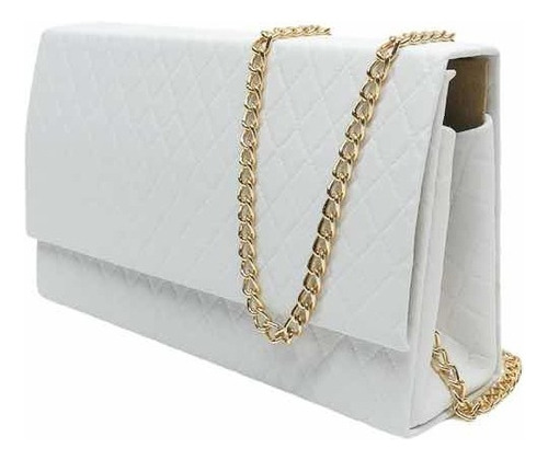 Bolsa Feminina Clutch Social Matelassê Madrinha Casamento Cor Branco com Dourado