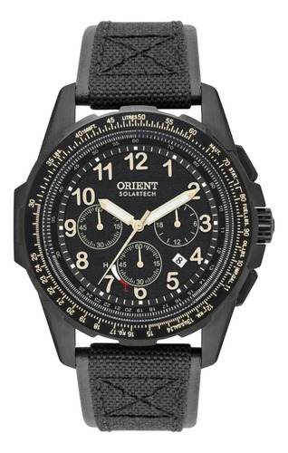 Relógio Orient St Elite Air Solartech Mpsnc007 P2px Correia Preto Bisel Preto Fundo Preto