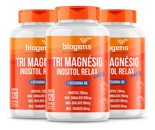 Kit Com 3x Tri Magnésio Inositol Relax Caps - Magnésio Dimalato, Bisglicinato E Taurato + Vitamina B6, 360 Cápsulas | Biogens