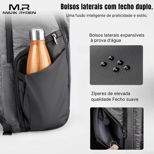 Mochila Premium Executiva Multifuncional Impermeável Compartimento Frontal Magnético Notebook 15.6 Com Usb Modelo Traveler Mark Ryden Cor Cinza Liso