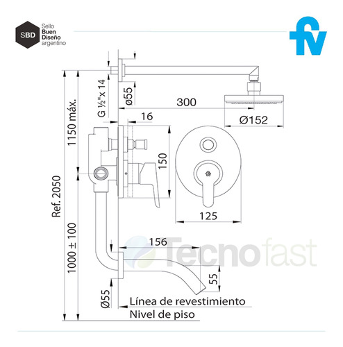 Griferia Duchador Fv Puelo Monocomando 0106/b5 Ducha Baño