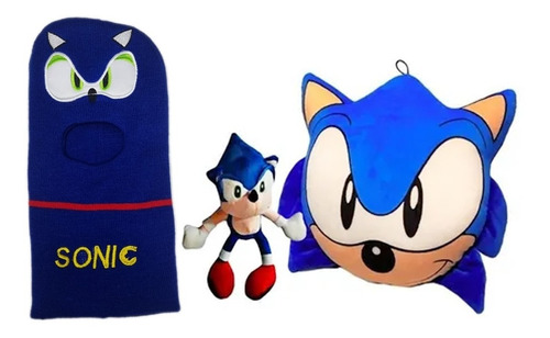 Set X3 Sonic Cojin + Muñeco Peluche 30cm + Gorro Pasamontaña