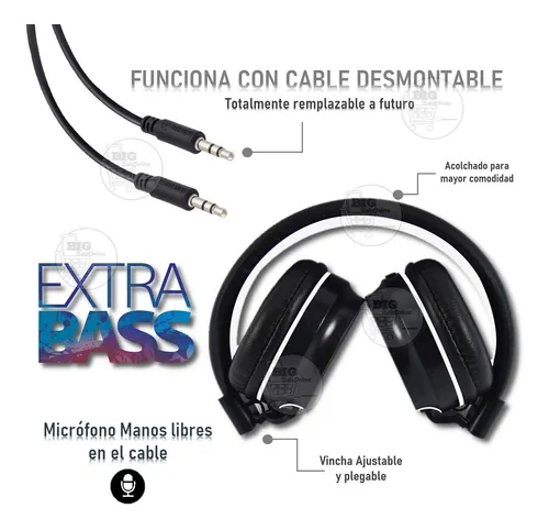 Auricular Extra bass Vincha con cable desmontable y Microfono.