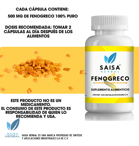 Fenogreco 100% Puro Bolsa Con 100 Cápsulas. Sabor Sin sabor