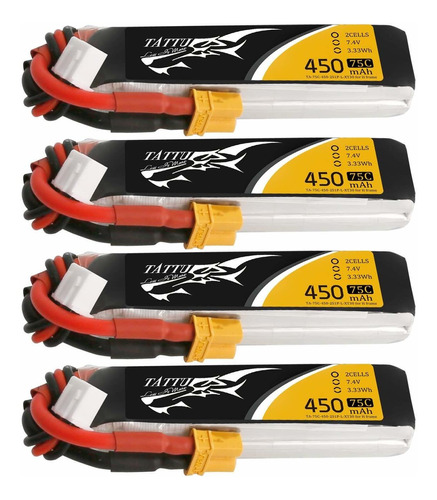 4 Baterias Lipo Tattu 450mah 7.4v 75c 2s Pack Con Xt30 Plug 