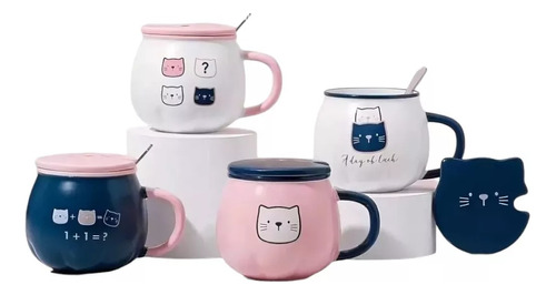 X4 Taza Calabaza Diseño Gato Kawaii Con Tapa Y Cuchara Mk134