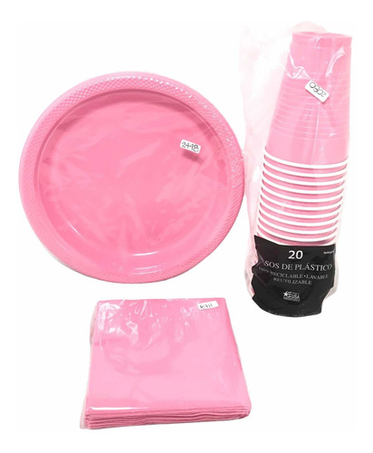 Kit Platos Vasos Servilletas Rosa Desechables Fiesta P 20