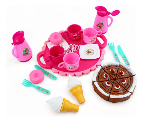 Set Juego De Te Barbie Postres Pastel Charola Juguete Cocina Color Rosa