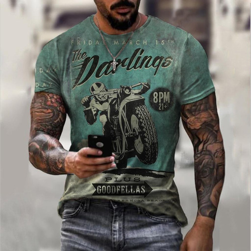 Polera De Manga Corta Con Estampado 3d De Moto De Verano.