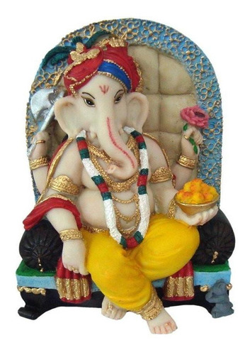 Estatueta Ganesha Na Poltrona Decorada - Hindu Resina