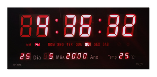 Relógio Digital Led Parede 36x15cm Preto Com Termômetro